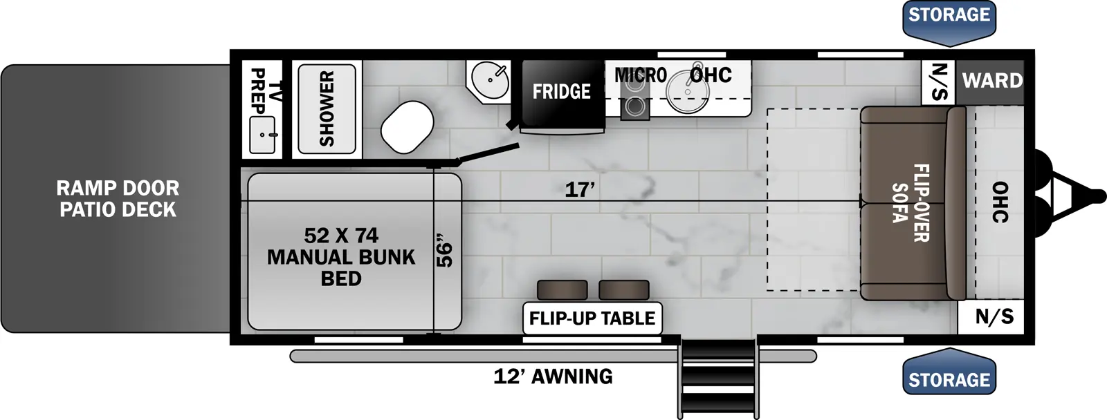 The 22-17 has zero slideouts, one entry, and a rear ramp door. Exterior features storage and a 12 foot awning. Interior layout front to back: flip-over sofa with overhead cabinet, off-door side wardrobe, and nightstands on each side; door side entry and flip-up table with seats; off-door side kitchen counter with sink, cooktop, overhead cabinet, microwave, and refrigerator; door side rear manual bunk bed; rear off-door side full bathroom; sink and TV prep along rear wall of bathroom facing the ramp door. Garage dimensions: 17 foot from rear to front flip-over sofa; 56 inches from door side to bathroom wall.
